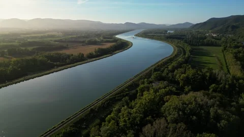 Drone View of a Passenger Ship on the Rhone River in France Stock Footage 295003426