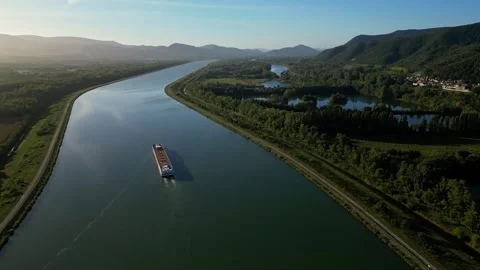 Drone View of a Passenger Ship on the Rhone River in France Stock Footage 295003512