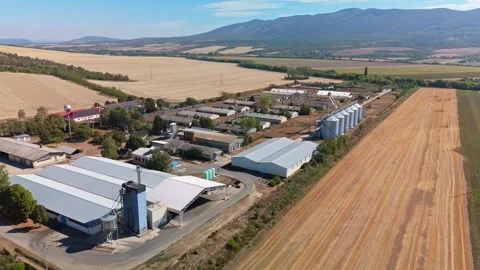 Drone view of Pásztó feed mill, silos and grain storage by fields in summer Stock Footage 345995437