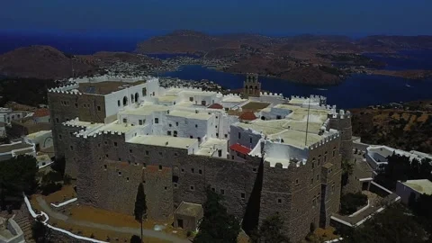 Drone view of Patmos Monastery Patmos island Greece 30fps Stock Footage