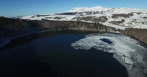 Drone view of the Pavin Lake in winter (Puy de Dôme) Stock Footage 131818685