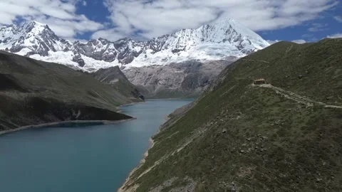 Drone View of Pemaling Lake and Kula Kangri in the Tibetan Himalayas Stock Footage 313842011