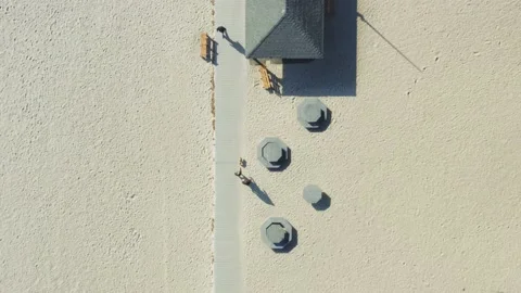 Drone view of people on boardwalk on sandy shore - Compo Beach Westport CT Stock Footage 149228282