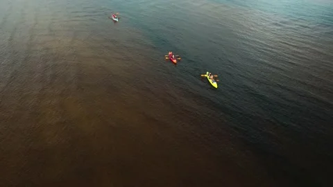 Drone view of people kayaking during summer holidays at sunset Stock Footage 200102970