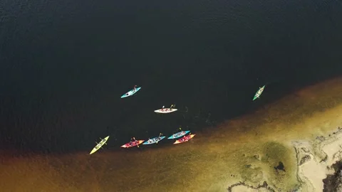 Drone view of people kayaking during summer holidays at sunset Stock Footage 200103708