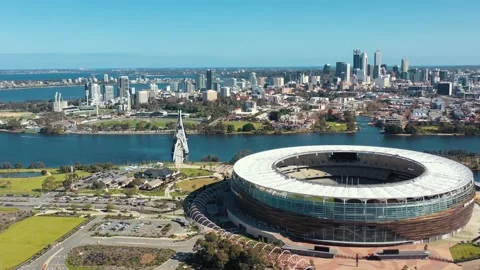 Drone View of Perth Stadium, City Skyline and River, Stunning Blue Sky Day Stock Footage 139328191
