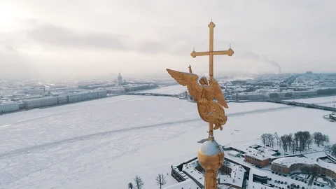 Drone view of Peter and Paul Fortress with cityscape over Neva River in winter. Stock Footage 121936762