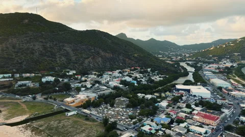 Drone view of Philipsburg on the Dutch side of Saint Martin island. Video stock 336338273