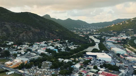 Drone view of Philipsburg on the Dutch side of Saint Martin island Stock Footage 336737564