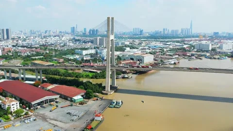 Drone view of Phu My bridge in Ho Chi Minh city, Vietnam Stock Footage 204851003