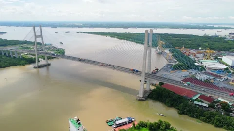 Drone view of Phu My bridge in Ho Chi Minh city, Vietnam Stock Footage 204851022