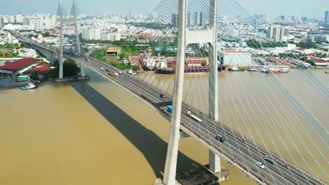 Drone view of Phu My bridge in Ho Chi Minh city, Vietnam Stock Footage 204851032
