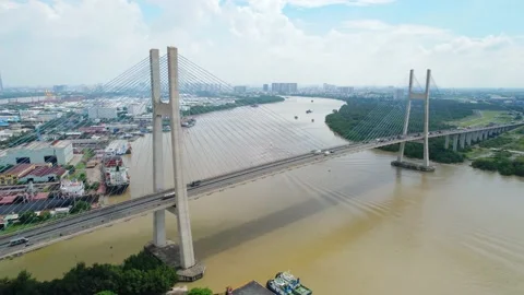 Drone view of Phu My bridge in Ho Chi Minh city, Vietnam Stock Footage 204851033
