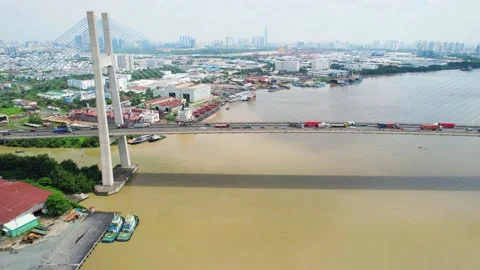 Drone view of Phu My bridge in Ho Chi Minh city, Vietnam Stock Footage 204851107