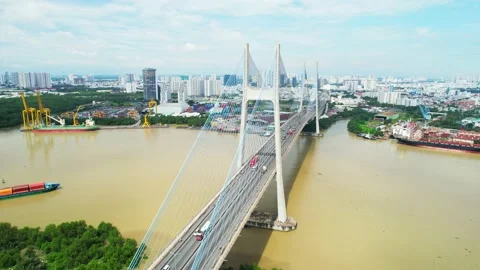 Drone view of Phu My bridge in Ho Chi Minh city, Vietnam Stock Footage 204851858