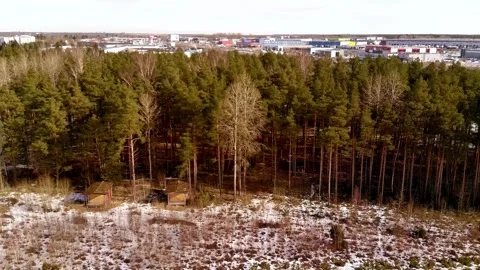 Drone view of pine forest with industrial area in background slow pan Stock Footage 331070549