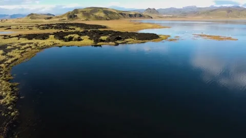 Drone view of the plain and lake. Pastures flooded with water Stock Footage 130460677