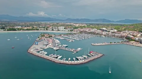 Drone view of Port d'Alcúdia - a popular Port in Majorca with many vessels. Stock Footage