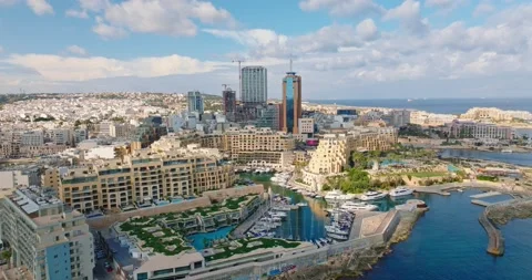 Drone view of Portomaso tower and marina in St. Julians city, Malta. Sigma forum Stock Footage 221552523
