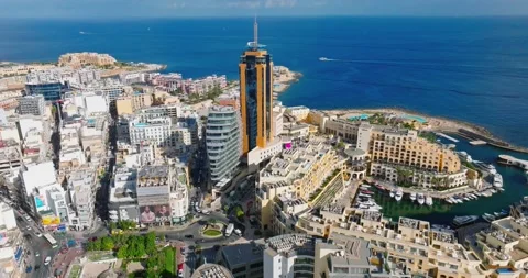 Drone view of Portomaso tower in St. Julians city, Malta Stock Footage 221511870