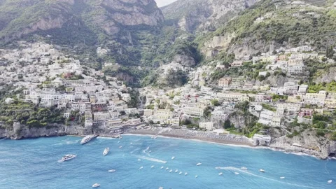 Drone View of Positano Beach and Cliffside Village Italy Vidéo 334721941