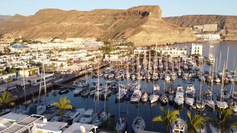 Drone view of Puerto de Mogan with its port and mountains. Canary Islands spain Stock Footage 233226385