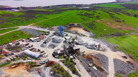 Drone view of quarry processing plant near lake, Bulgaria Stock Footage 339001086
