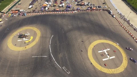 Drone view of a race car drift pist, drift championship ,race cars Stock Footage 129067525