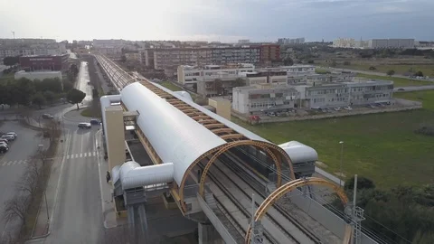 Drone View of rail line with the view of city Stock Footage 124905537