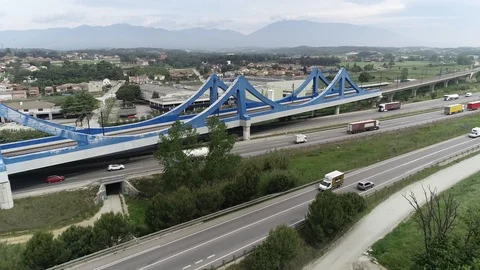 Drone view of railway bridge over a highway Stock Footage 111089039