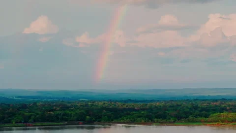Drone view of a rainbow above the Amazon forest, capturing colorful light over Stock Footage 331949597