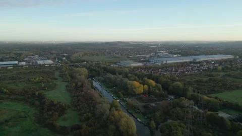 Drone View of Rammey Marsh, River Lea and London Skyline at Sunrise Stock Footage 320396968