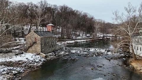 Drone view of the rapids on Brandywine River after snow in Wilmington, Delaware Stock Photos