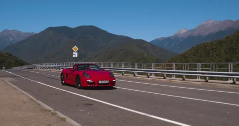 Drone View Red Cabriolet Open Road Summer Drive Stock Footage 160151456