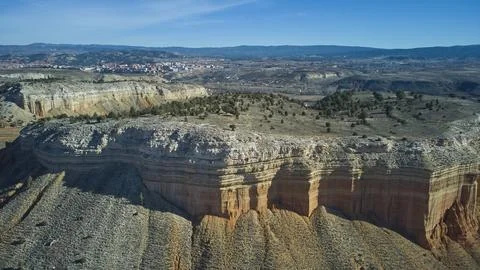 Drone view of red sandstone cliffs in Teruel province Spain Stock Photos