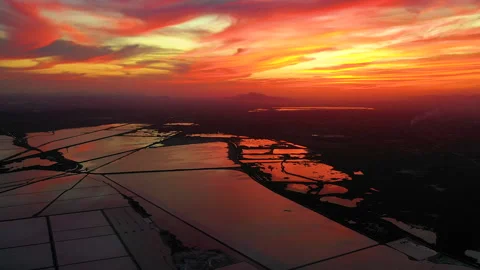 Drone view of red sunset in las Salinas lagoons. Stock Footage 288596178