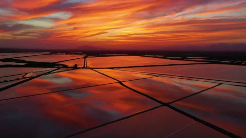 Drone view of red sunset in las Salinas lagoons. Stock Footage 288603098