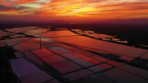 Drone view of red sunset in las Salinas lagoons. Stock Footage 288604766