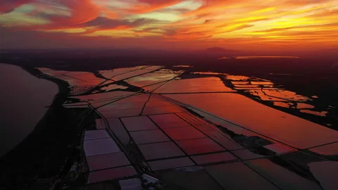 Drone view of red sunset in las Salinas lagoons. Stock Footage 288606119
