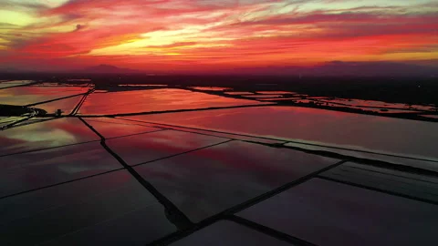 Drone view of red sunset in las Salinas lagoons. Stock Footage 288609946