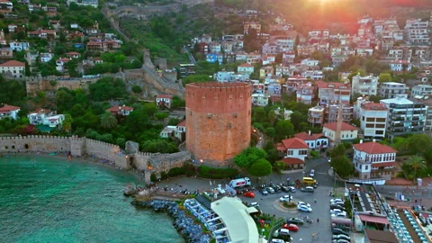Drone view of Red Tower in Alanya. Stock Footage 334227962
