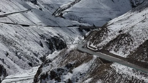 Drone View of Remote Road and Bridge in Hejing Xinjiang China Stock Footage 341602252
