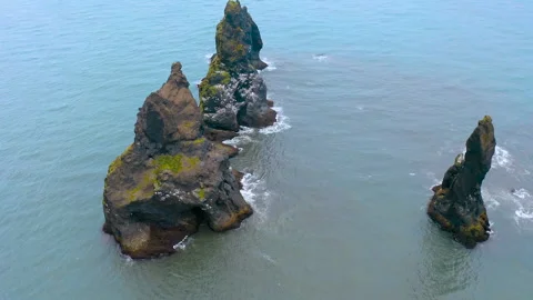 Drone view of Reynisdrangar islets, Iceland. Stock Footage 296061071