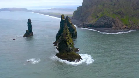 Drone view of Reynisdrangar islets, Iceland. Stock Footage 296062309