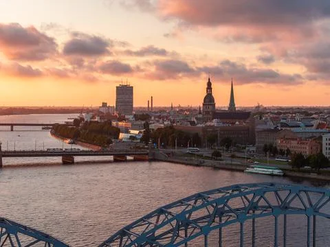 Drone View of Riga Old Town on the Bank of the Daugava River at Sunset 스톡 사진