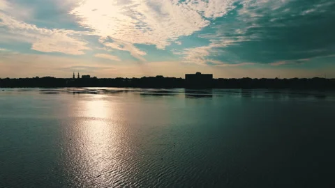 Drone view, river, discovery city of Montréal, Sunrise, beautiful sky, 4K Stock Footage 203619834