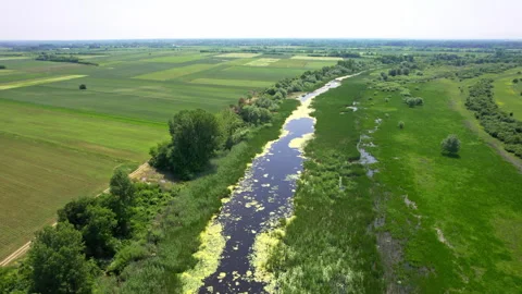 Drone view of river flowing through green countryside with agricultural fields Stock Footage 263138915