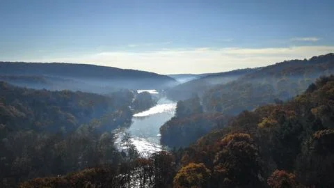Drone view of a river valley in fall Stock Photos