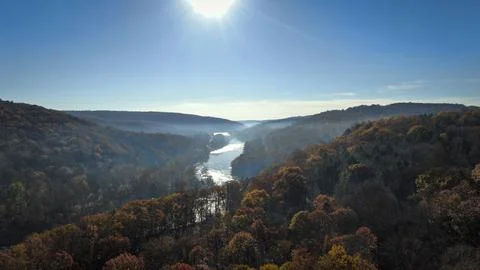 Drone view of a river valley in fall Stock Photos