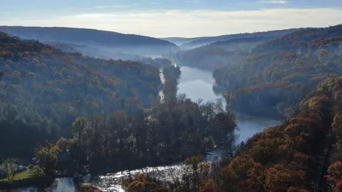 Drone view of a river valley in fall Stock Photos